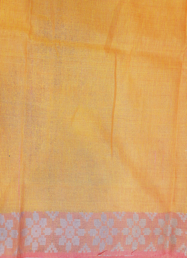 Handloom desi tussar pure silk saree in yellow with floral pattern in border