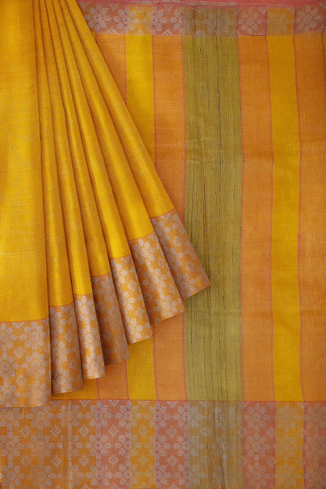 Handloom desi tussar pure silk saree in yellow with floral pattern in border
