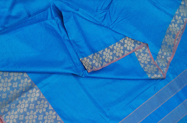 Handloom desi tussar pure silk saree in blue with floral pattern in border