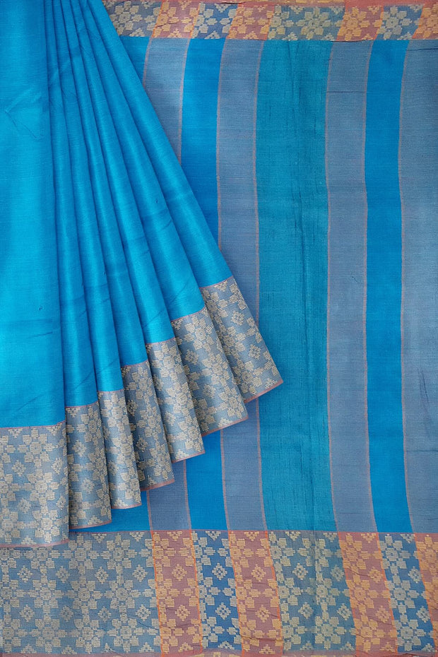 Handloom desi tussar pure silk saree in blue with floral pattern in border