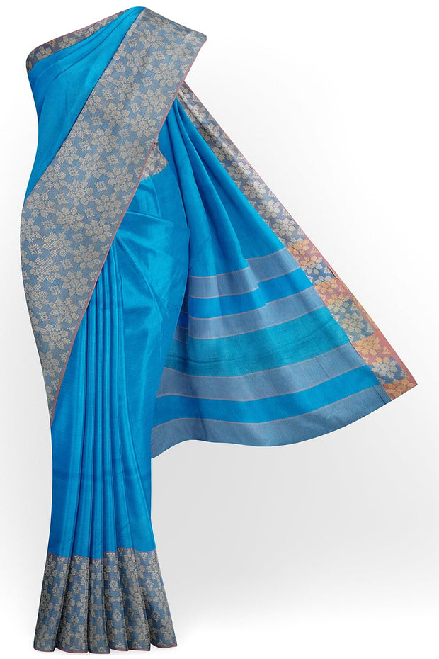 Handloom desi tussar pure silk saree in blue with floral pattern in border