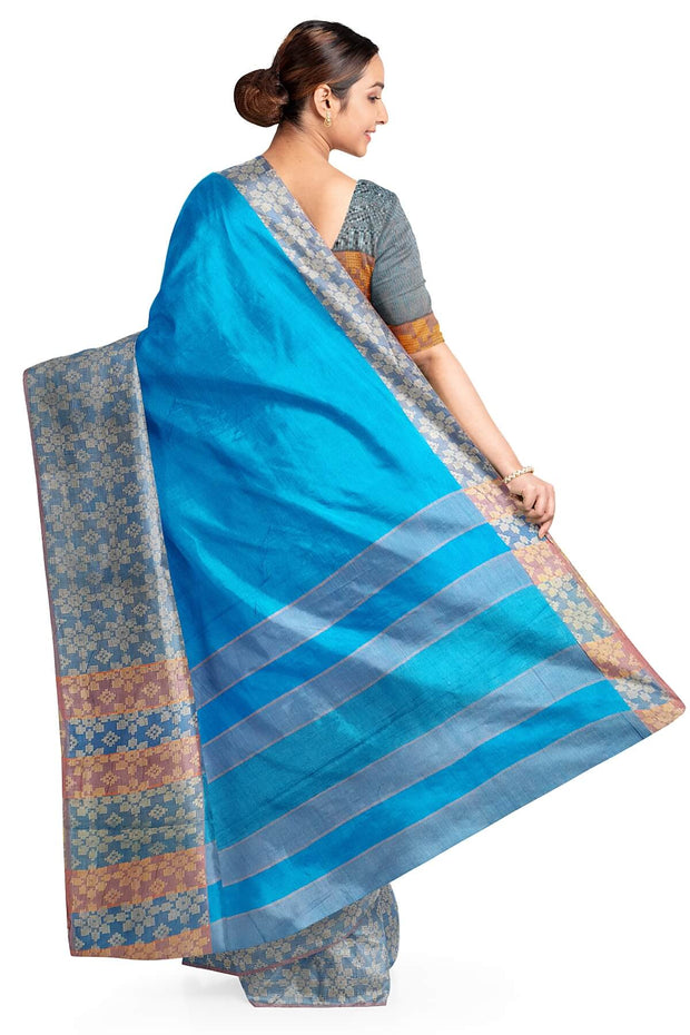 Handloom desi tussar pure silk saree in blue with floral pattern in border