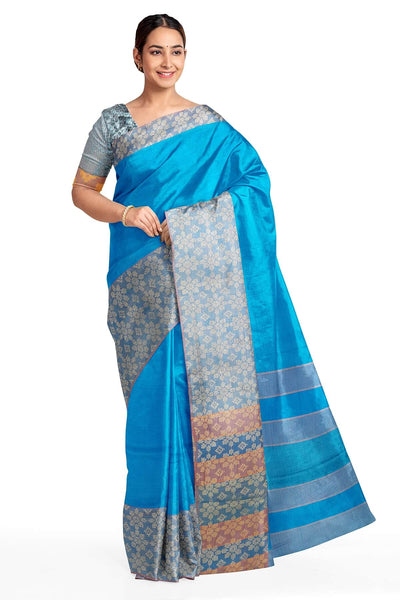 Handloom desi tussar pure silk saree in blue with floral pattern in border