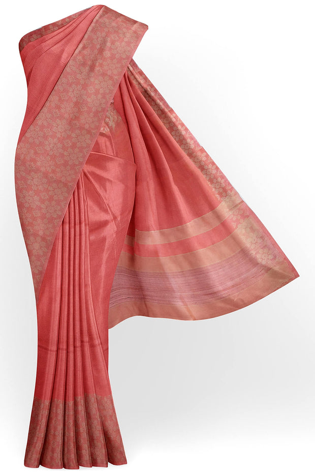 Handloom desi tussar pure silk saree in peach with floral pattern in border