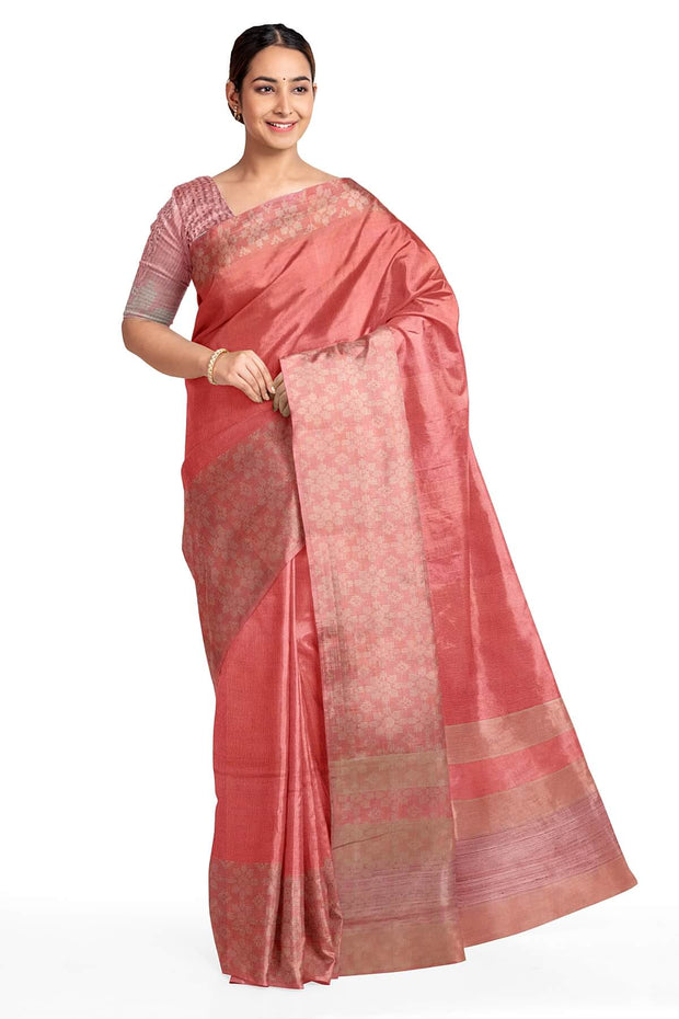 Handloom desi tussar pure silk saree in peach with floral pattern in border