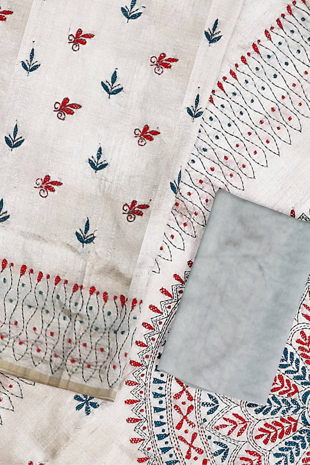 Handloom desi tussar silk saree in off white with multicolour kantha work all over
