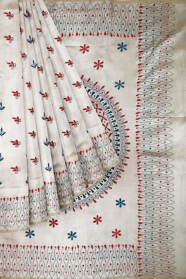 Handloom desi tussar silk saree in off white with multicolour kantha work all over