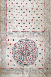 Handloom desi tussar silk saree in off white with multicolour kantha work all over
