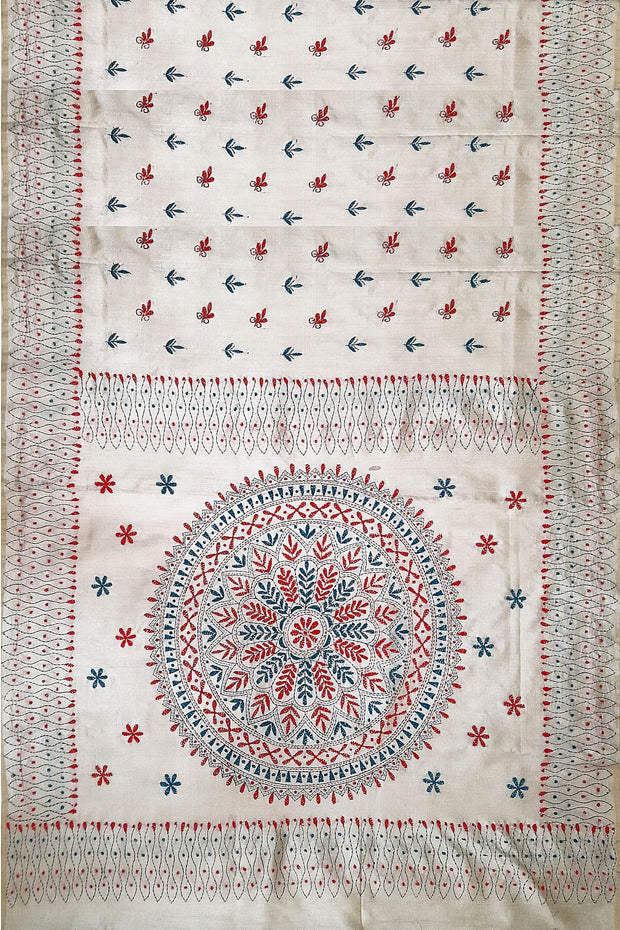 Handloom desi tussar silk saree in off white with multicolour kantha work all over