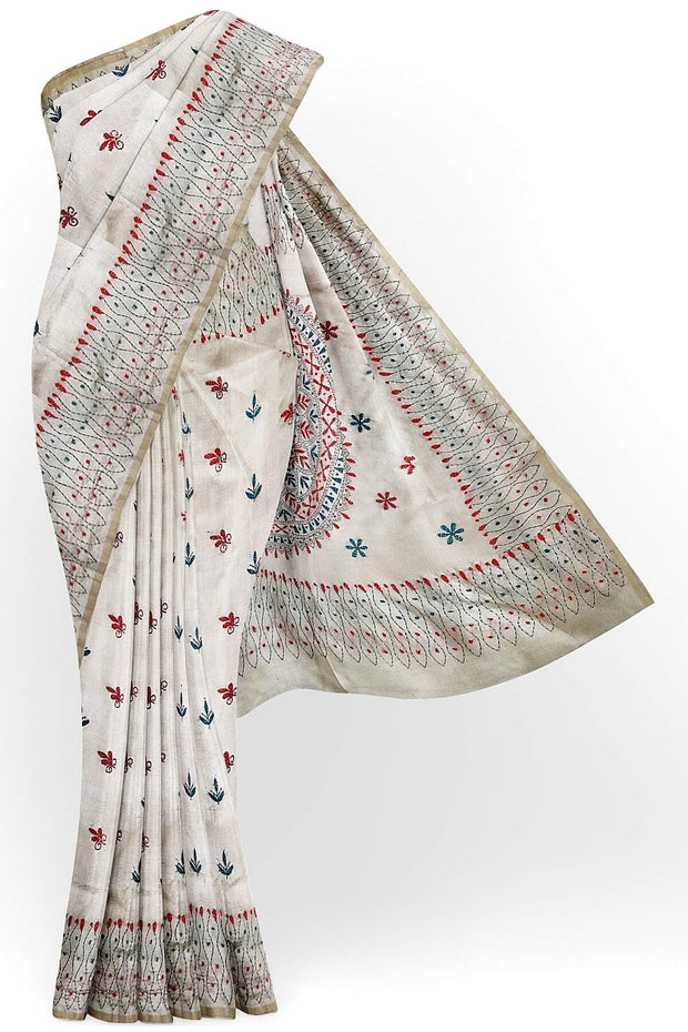Handloom desi tussar silk saree in off white with multicolour kantha work all over