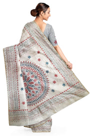Handloom desi tussar silk saree in off white with multicolour kantha work all over