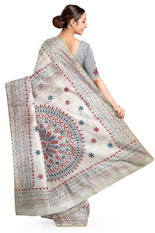 Handloom desi tussar silk saree in off white with multicolour kantha work all over