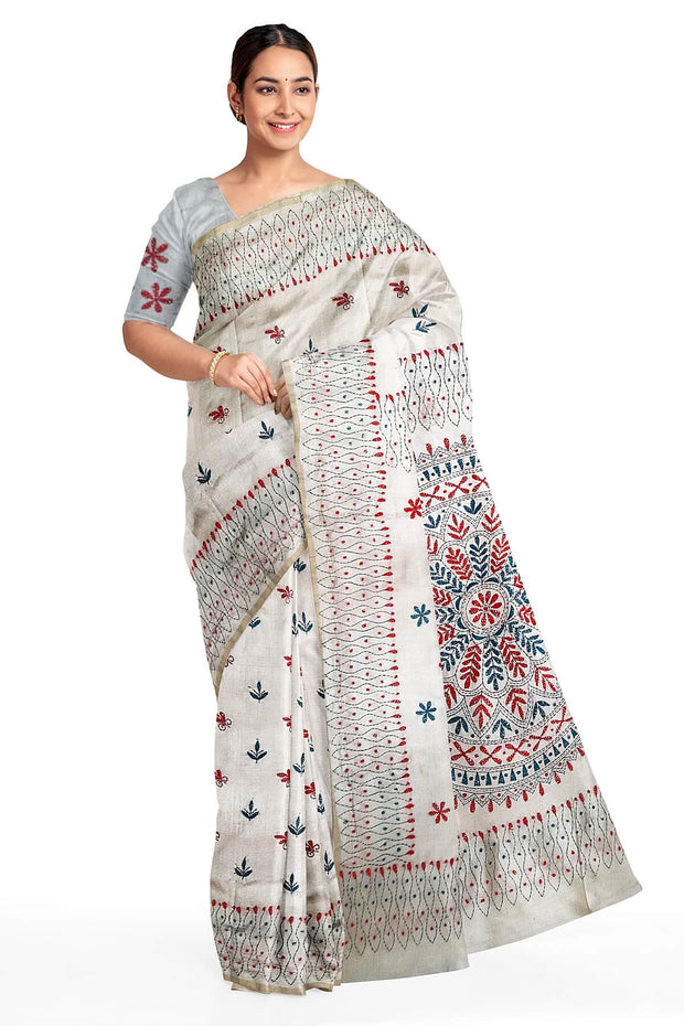 Handloom desi tussar silk saree in off white with multicolour kantha work all over