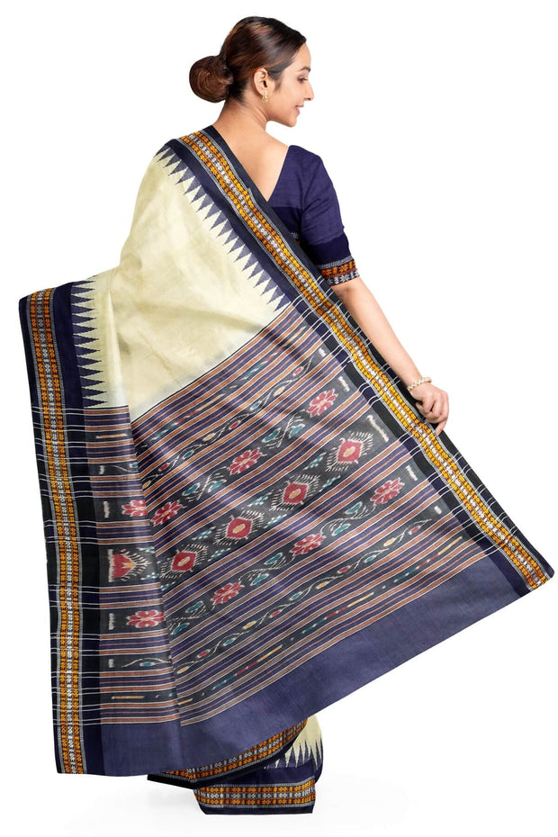 Vidarbha tussar pure silk saree in beige with karvati temple border in navy blue