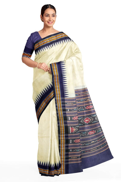 Vidarbha tussar pure silk saree in beige with karvati temple border in navy blue