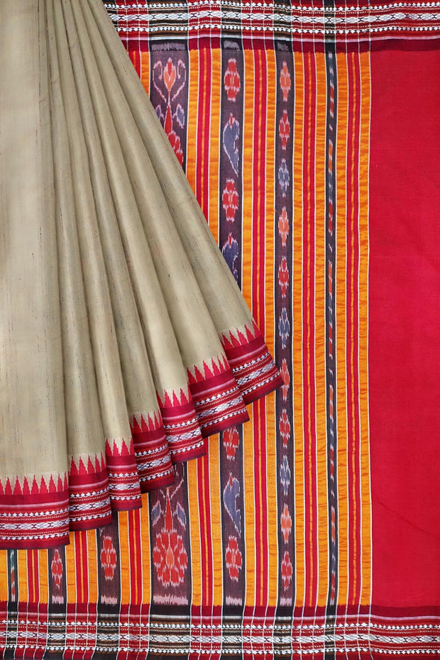 Vidarbha tussar pure silk saree in beige with karvati temple border in red