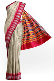 Vidarbha tussar pure silk saree in beige with karvati temple border in red