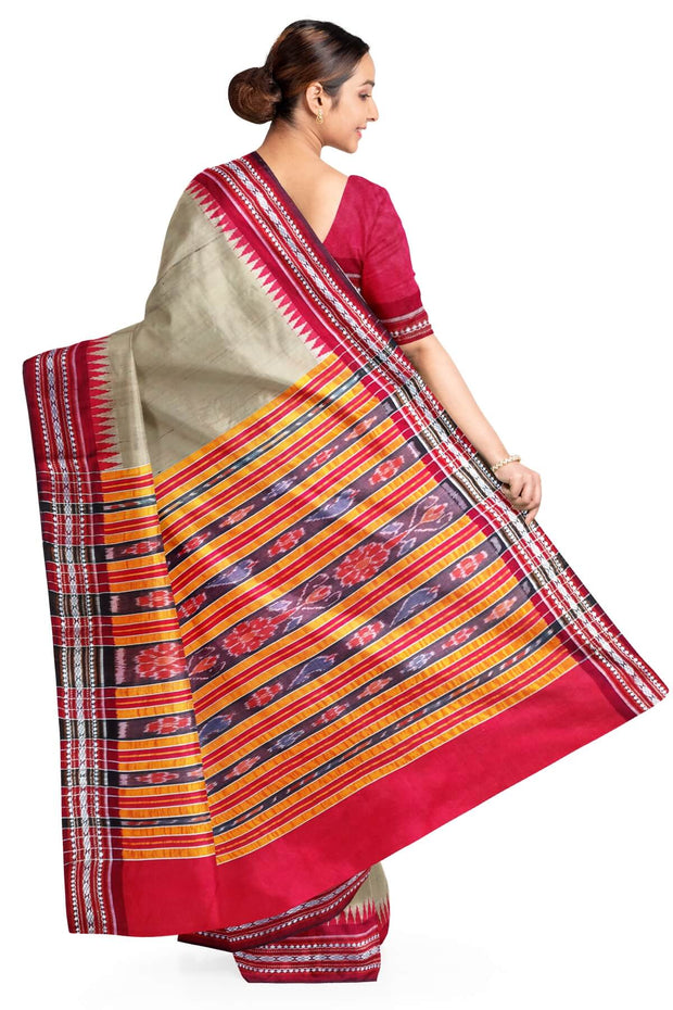 Vidarbha tussar pure silk saree in beige with karvati temple border in red