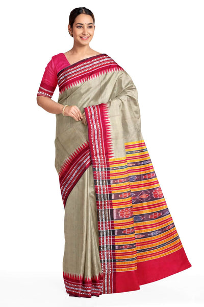 Vidarbha tussar pure silk saree in beige with karvati temple border in red