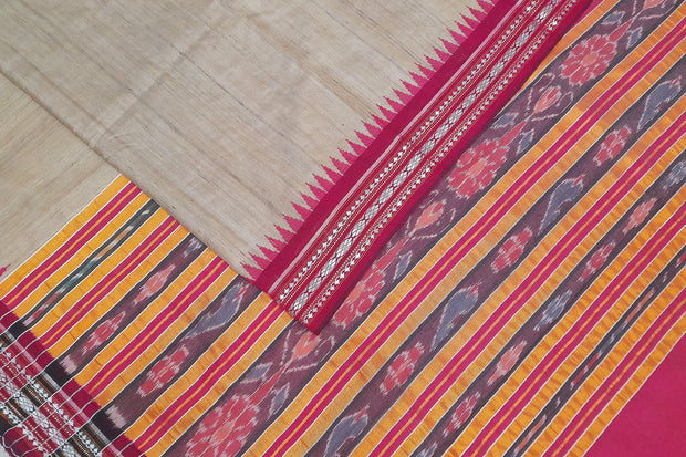 Vidarbha tussar pure silk saree in beige with karvati temple border in pink