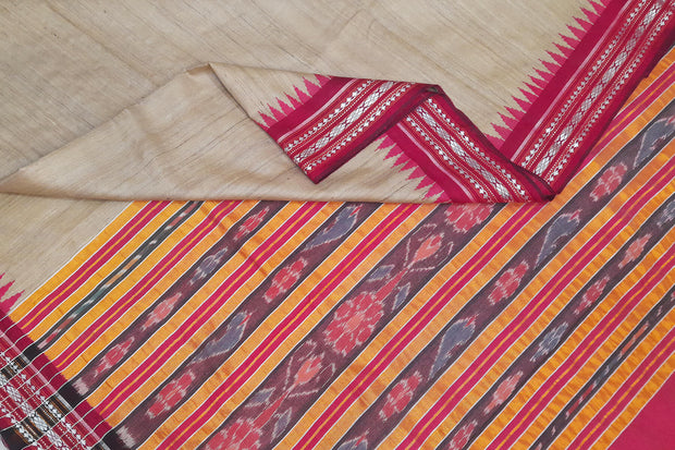 Vidarbha tussar pure silk saree in beige with karvati temple border in pink