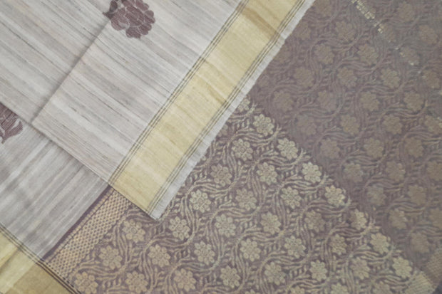 Desi tussar pure silk saree in snuff colour floral motifs on the body