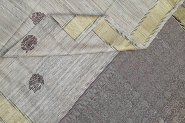 Desi tussar pure silk saree in snuff colour floral motifs on the body