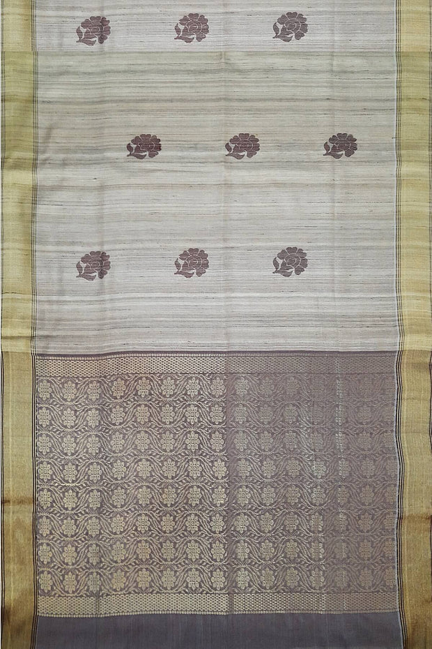 Desi tussar pure silk saree in snuff colour floral motifs on the body