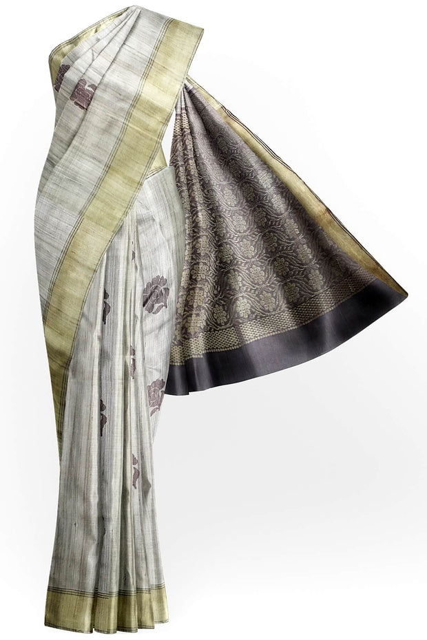 Desi tussar pure silk saree in snuff colour floral motifs on the body