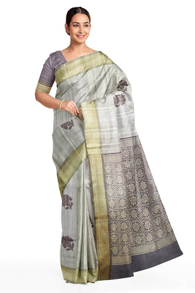 Desi tussar pure silk saree in snuff colour floral motifs on the body