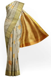 Desi tussar pure silk saree in orange  colour floral motifs on the body and a zari pallu in floral pattern