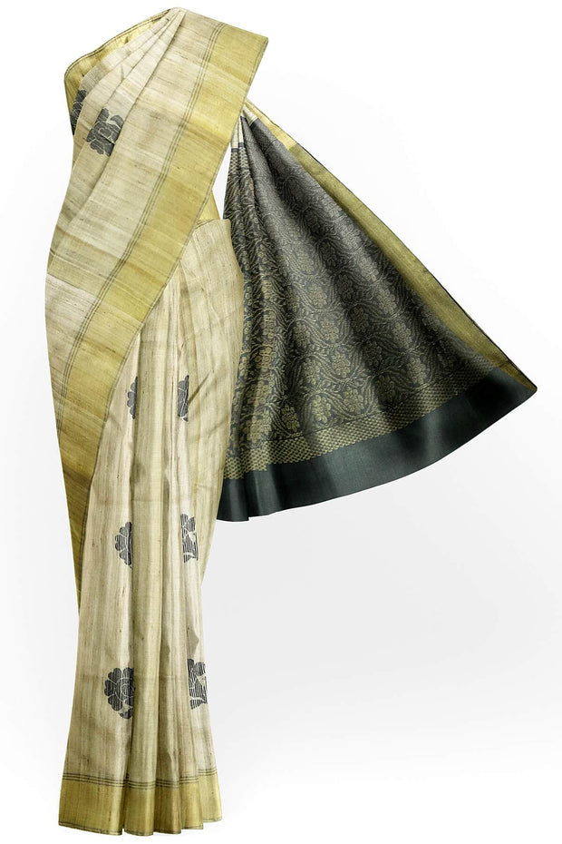 Desi tussar pure silk saree in slate grey  colour floral motifs on the body
