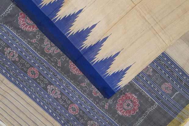 Desi tussar pure silk saree in blue colour temple border and ikat woven pallu