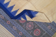 Desi tussar pure silk saree in blue colour temple border and ikat woven pallu