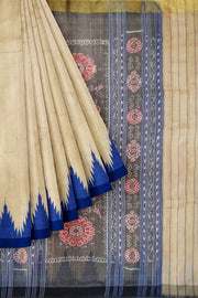 Desi tussar pure silk saree in blue colour temple border and ikat woven pallu