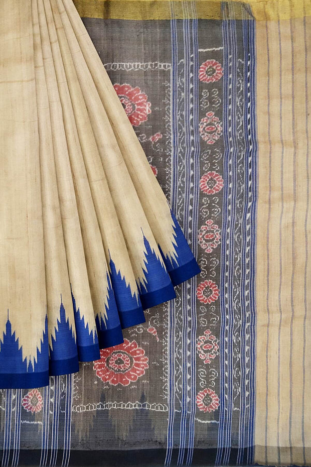 Desi tussar pure silk saree in blue colour temple border and ikat woven pallu