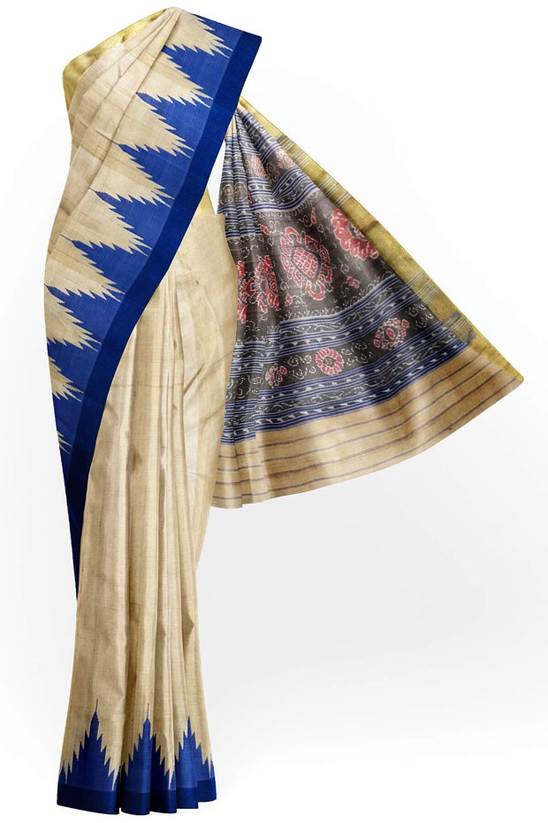 Desi tussar pure silk saree in blue colour temple border and ikat woven pallu