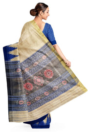 Desi tussar pure silk saree in blue colour temple border and ikat woven pallu