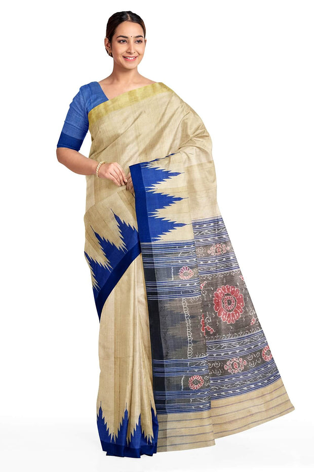 Desi tussar pure silk saree in blue colour temple border and ikat woven pallu