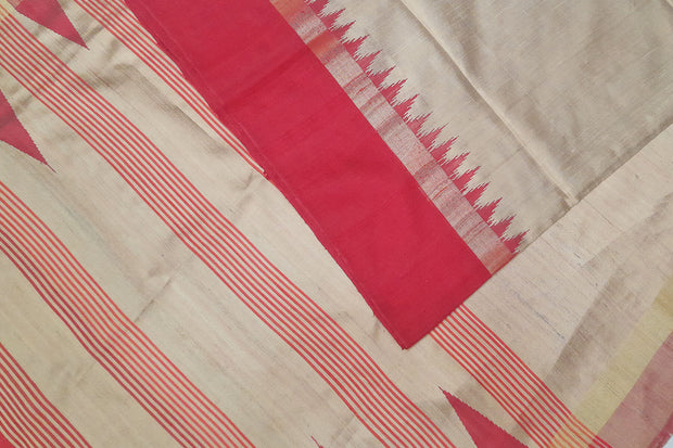 Desi tussar pure silk saree in dupion finish in beige with temple border .