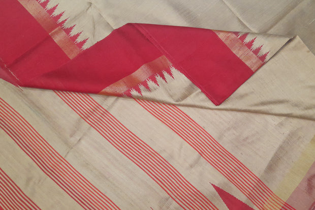 Desi tussar pure silk saree in dupion finish in beige with temple border .
