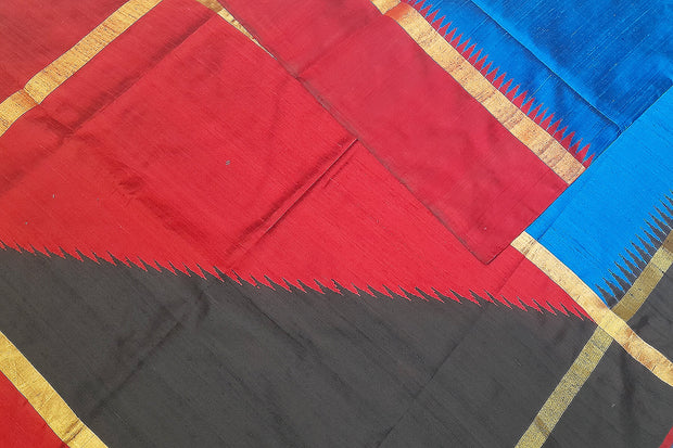 Desi tussar pure silk saree in dupion finish in blue with Ganga Jamuna temple border .