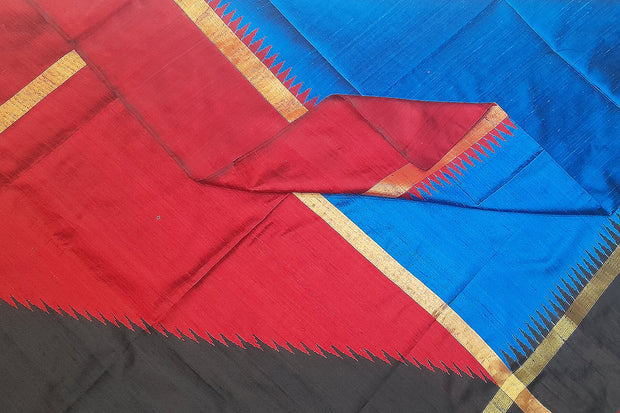 Desi tussar pure silk saree in dupion finish in blue with Ganga Jamuna temple border .