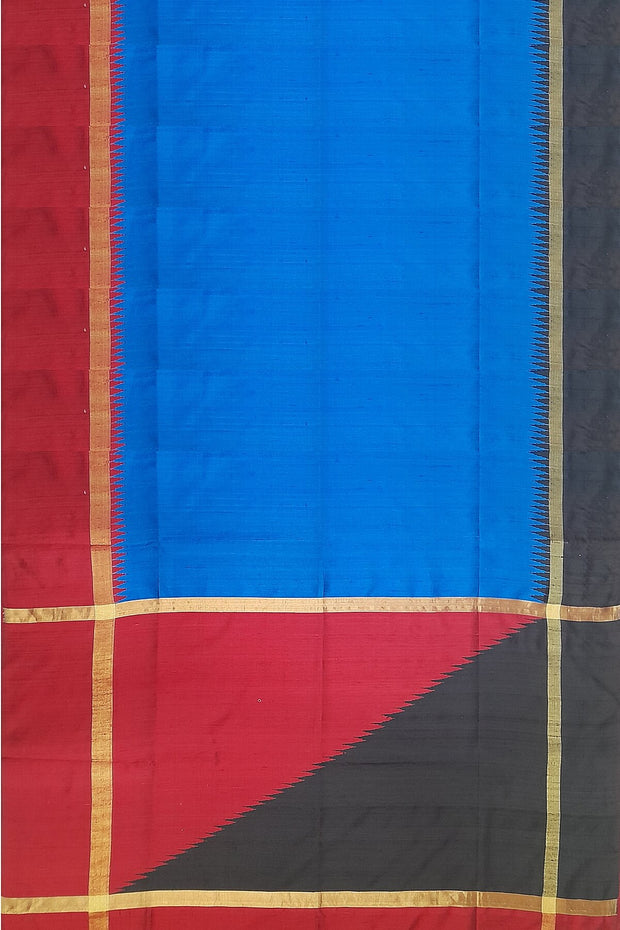 Desi tussar pure silk saree in dupion finish in blue with Ganga Jamuna temple border .