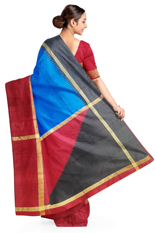 Desi tussar pure silk saree in dupion finish in blue with Ganga Jamuna temple border .