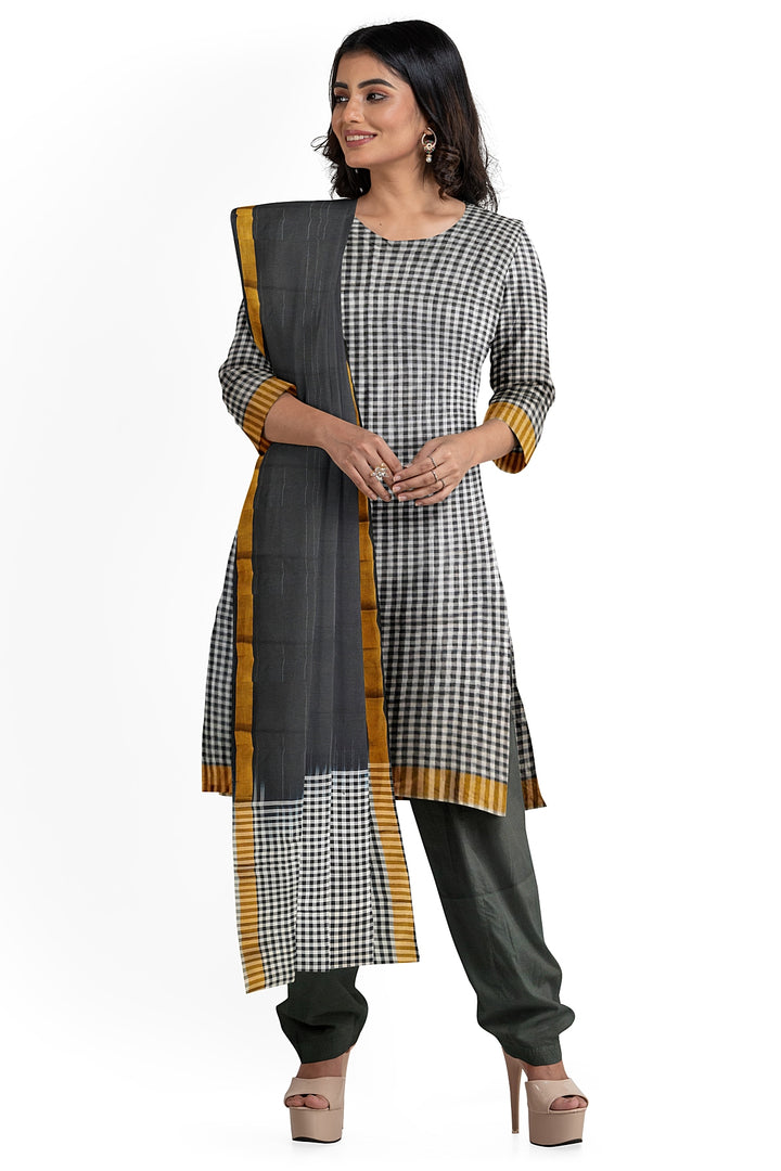 Pure silk salwar suit 2 piece material in in white & black checks