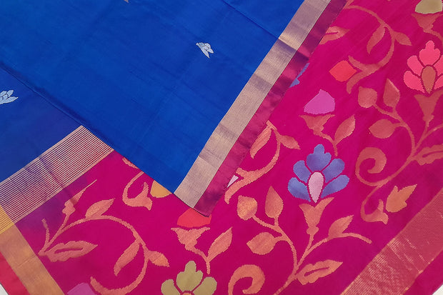 Handwoven Uppada pure silk saree  in cobalt blue  with gold & silver buttas