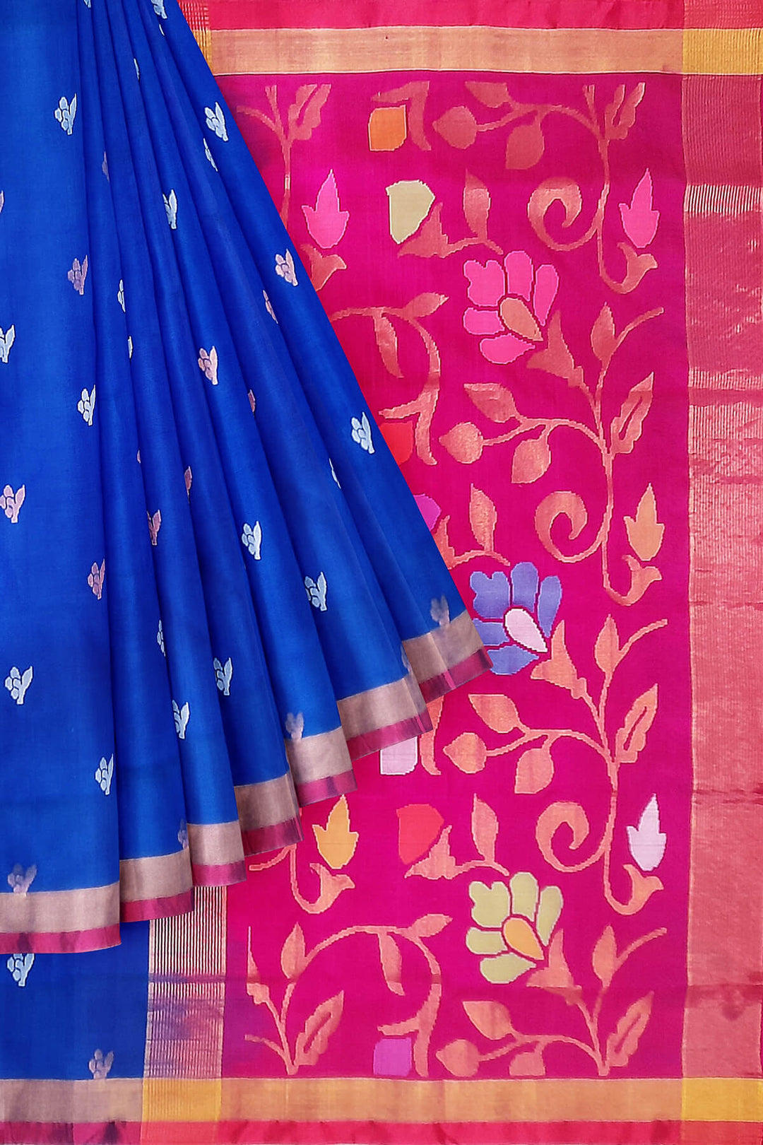 Handwoven Uppada pure silk saree  in cobalt blue  with gold & silver buttas