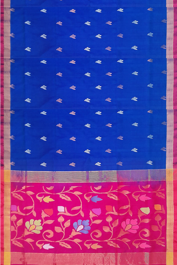 Handwoven Uppada pure silk saree  in cobalt blue  with gold & silver buttas