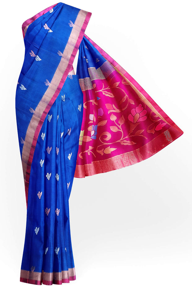 Handwoven Uppada pure silk saree  in cobalt blue  with gold & silver buttas